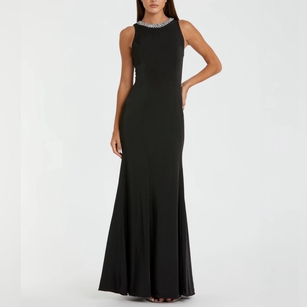 Mac Duggal Black Sleeveless Maxi Gown with Embellished Neckline